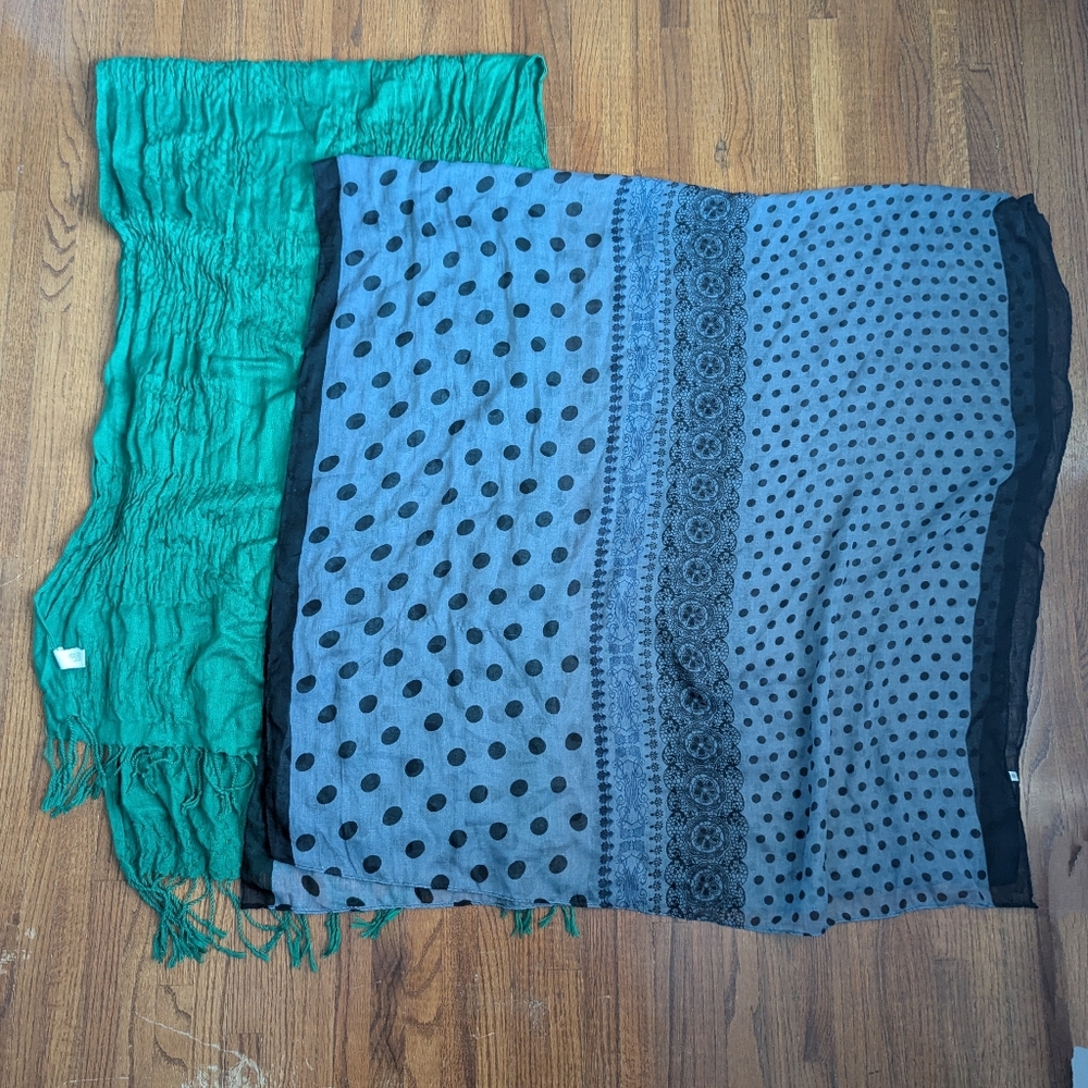 2 Wrap-Scarves | Green & Gray/Blue/Black Print